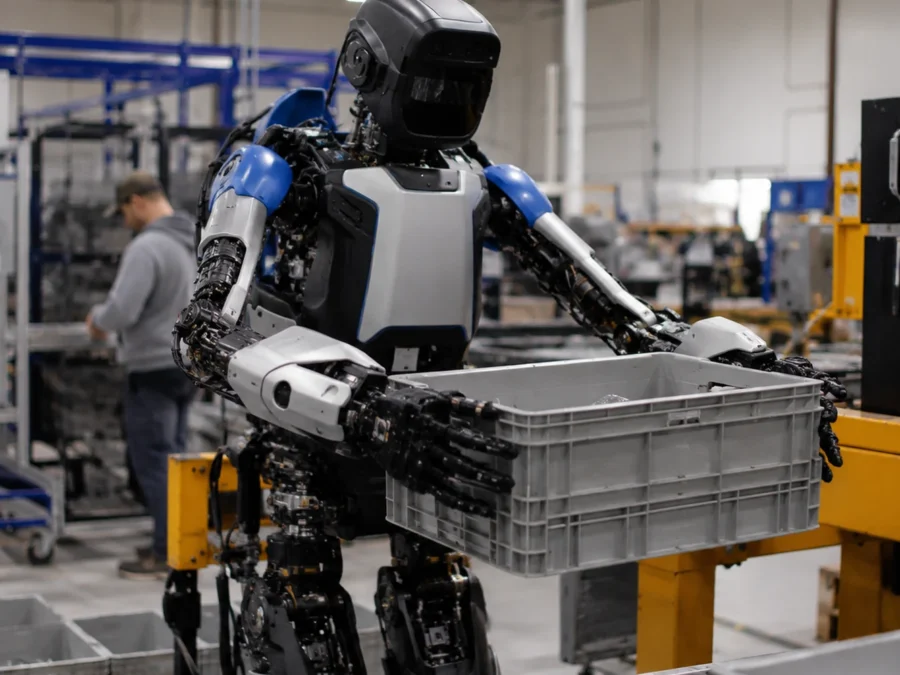 Ilustracja redakcyjna humanoidalnego robota przenoszącego pojemnik w hali produkcyjnej