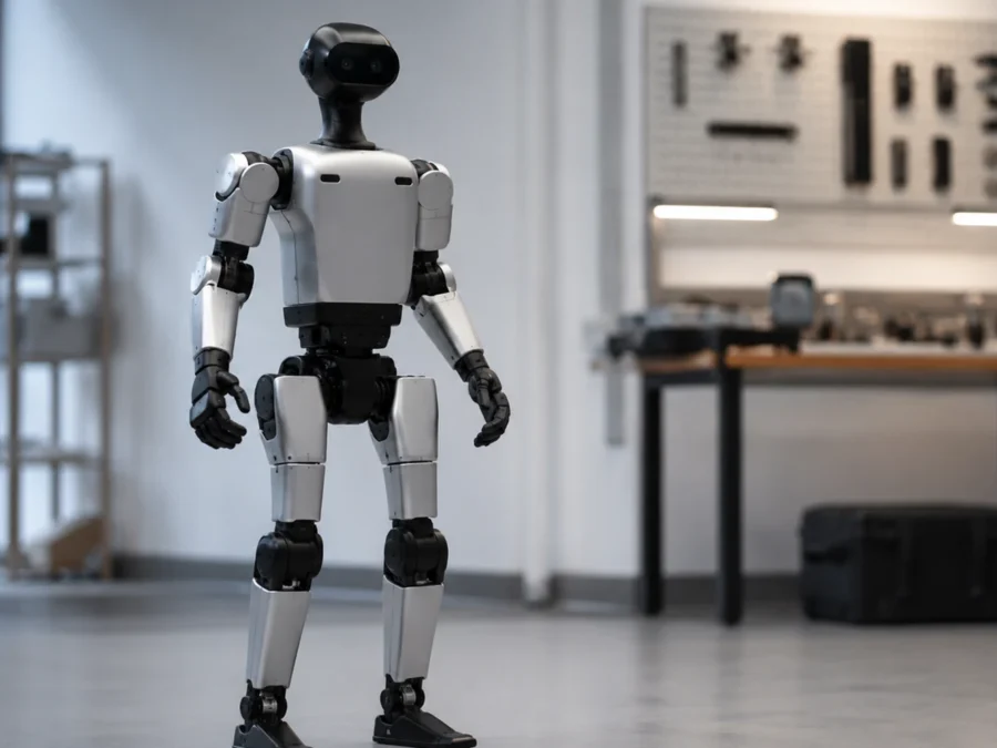 Ilustracja redakcyjna humanoidalnego robota w nowoczesnym zakładzie produkcyjnym