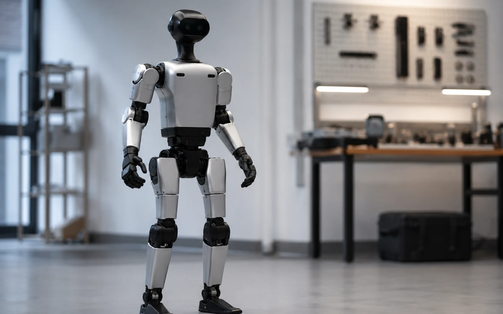 Ilustracja redakcyjna humanoidalnego robota w nowoczesnym zakładzie produkcyjnym