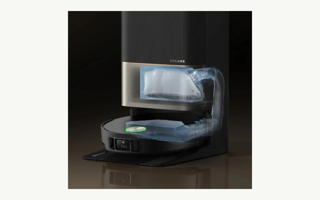 Dreame robot-vacuum station visual showing the automatic dust-emptying airflow path