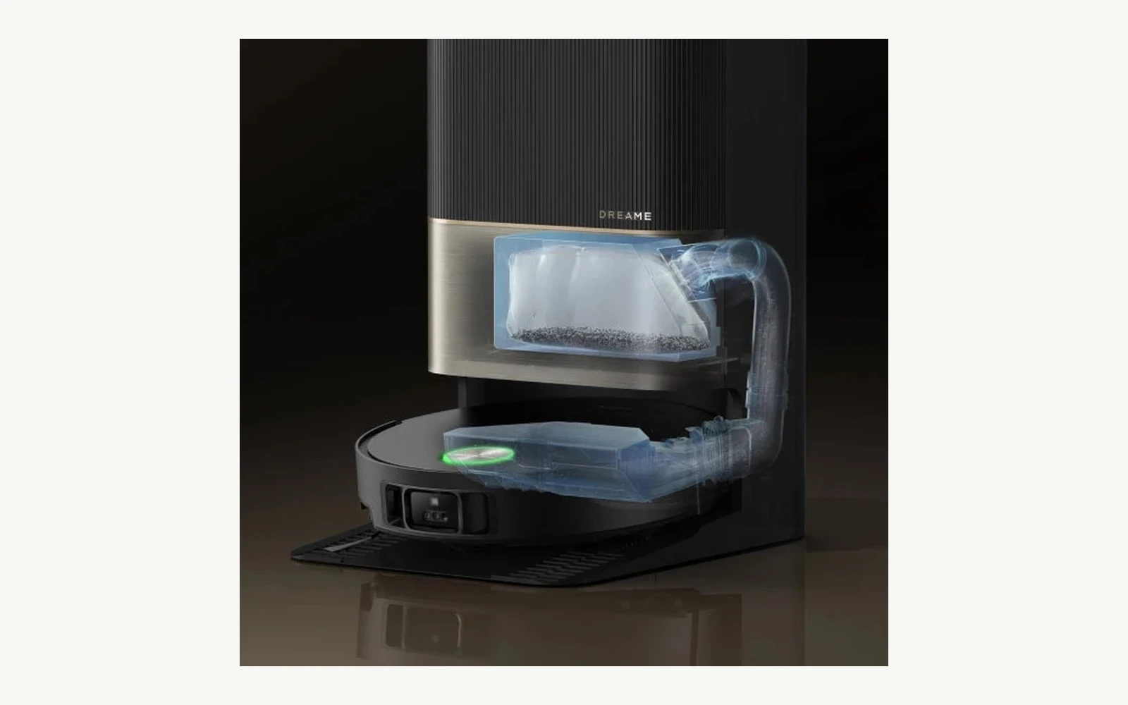 Dreame robot-vacuum station visual showing the automatic dust-emptying airflow path