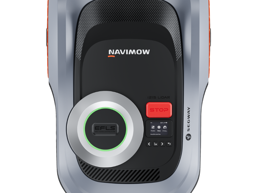 LiDAR robot mower working in a tree-covered garden
