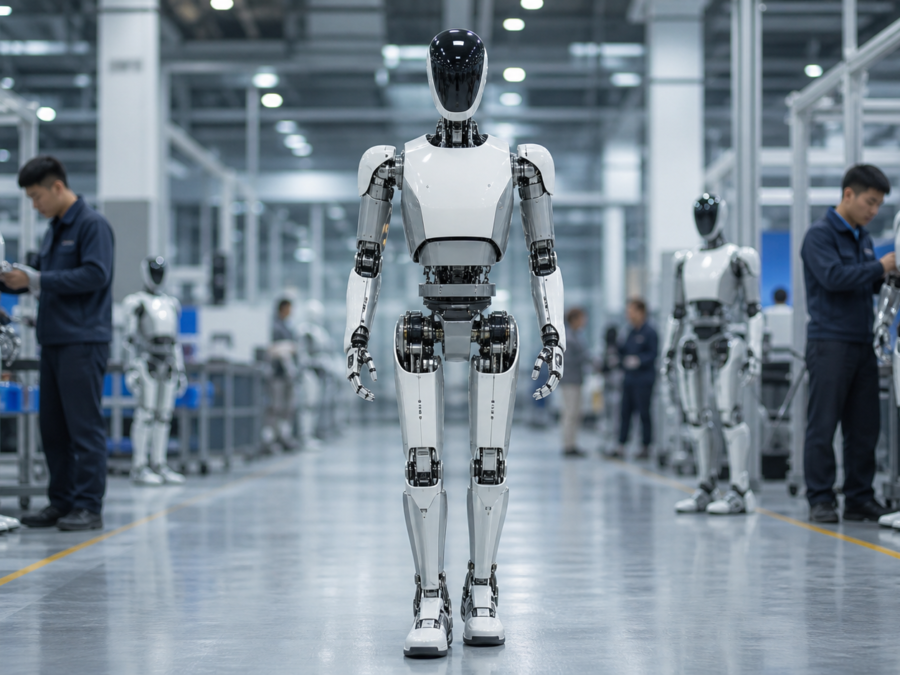 Redakcyjna ilustracja linii produkcyjnej humanoidalnych robotów