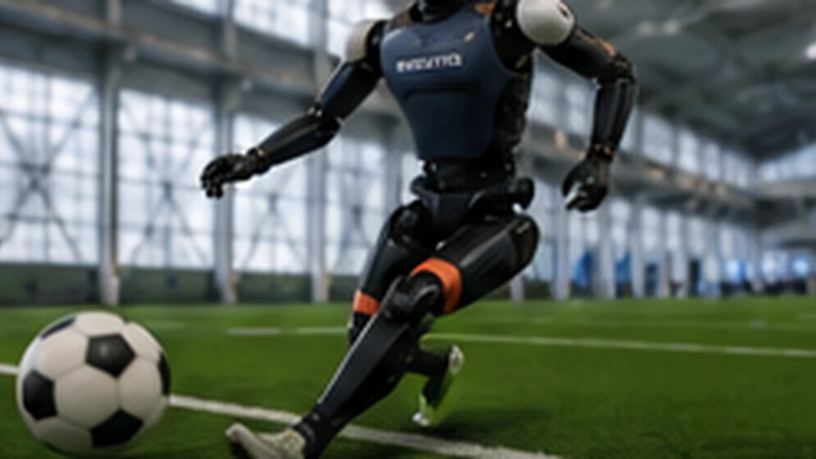 Editorial visualization of a humanoid playing football — illustrating the perception-action benchmark.