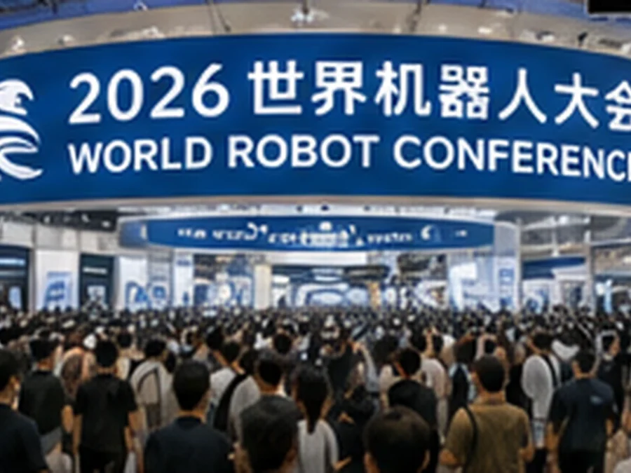 Wizualizacja redakcyjna konferencji robotycznej w Chinach — ilustracja analizy rynku humanoidów.