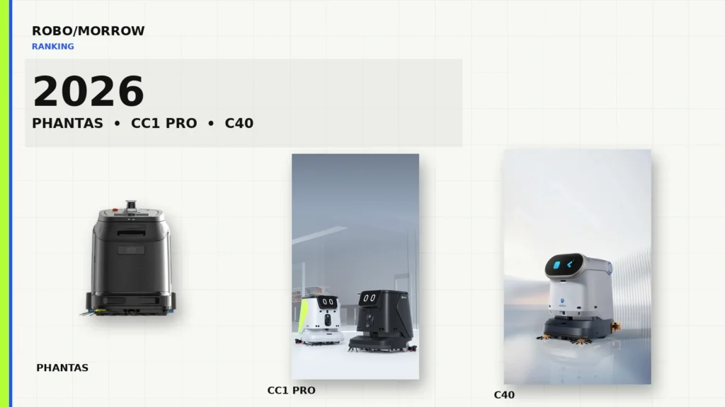 Commercial cleaning robots 2026 — Gausium Phantas, PUDU CC1 Pro and KEENON C40