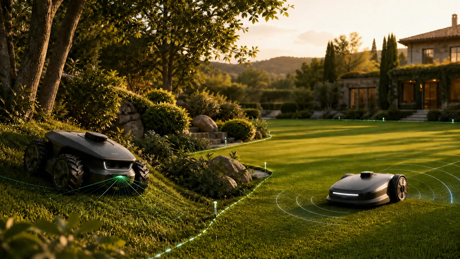 RoboMorrow editorial visual for “LUBA mini 2 AWD 1500 vs Navimow X315E”; no logos or embedded text.