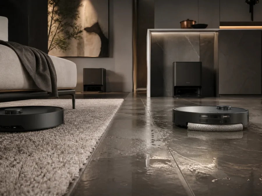 Wizualizacja redakcyjna RoboMorrow do materiału „Roborock Saros 10R vs Dreame Aqua10 Ultra Roller”; bez logotypów i tekstu.