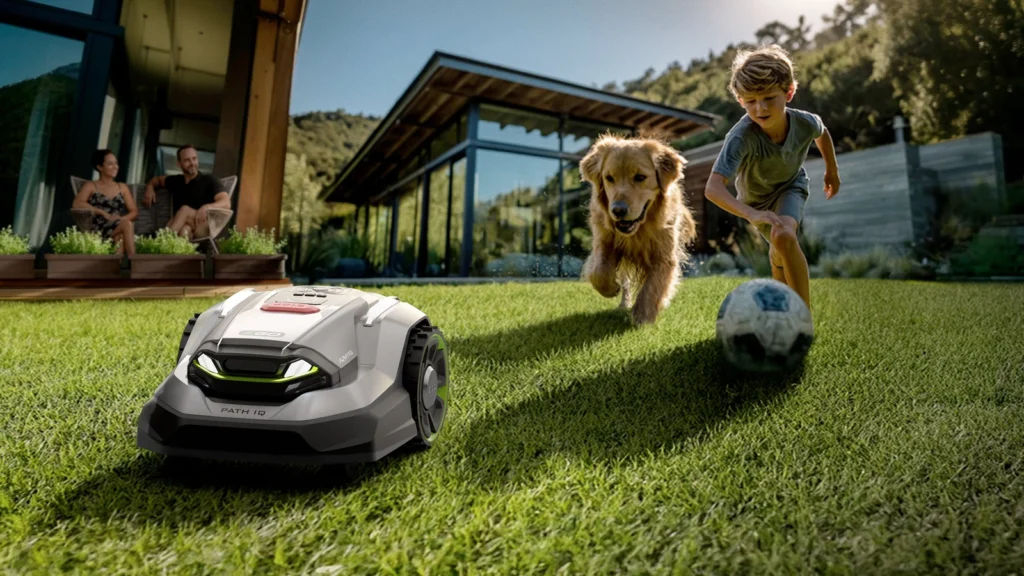 Official EGO image showing an AURA-R2 mower with PATH IQ operating on a lawn. Source: EGO.