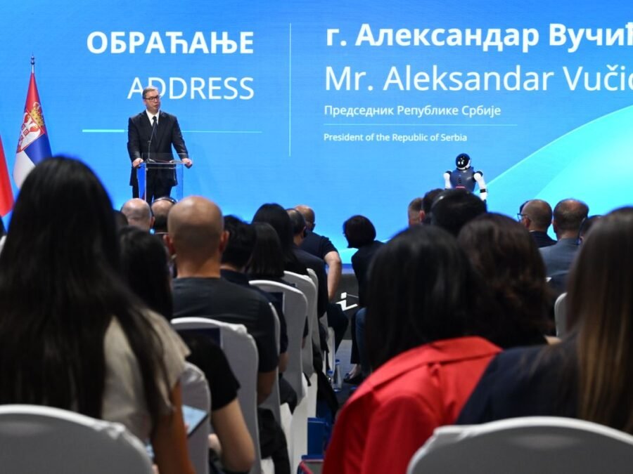 Opening of the Minth facility in Šabac on 29 August 2026, with a humanoid visible during the ceremony