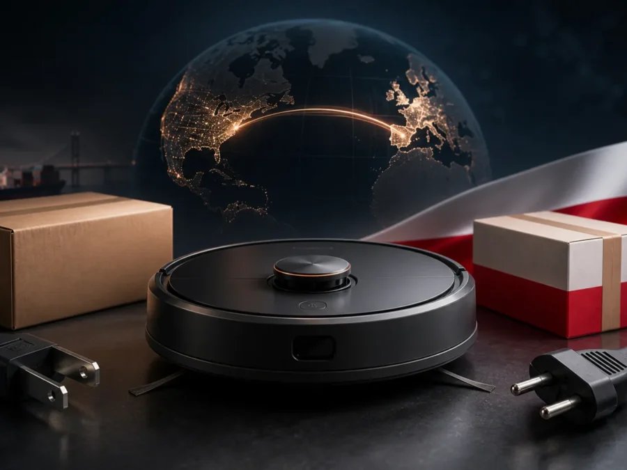 Wizualizacja redakcyjna RoboMorrow do materiału „Robot z Amazon.com czy Amazon.pl? Gwarancja i region”; bez logotypów i tekstu.