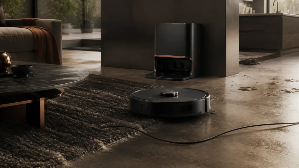 RoboMorrow editorial visual for “Is a flagship robot vacuum actually worth it?”; no logos or embedded text.