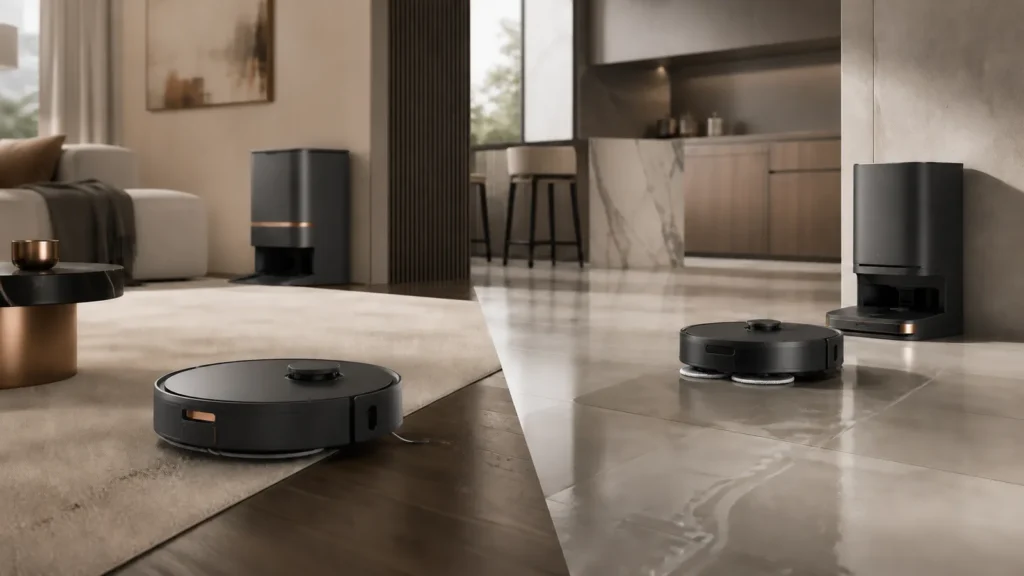 RoboMorrow editorial visual for “Best robot vacuum under €750 in 2026”; no logos or embedded text.