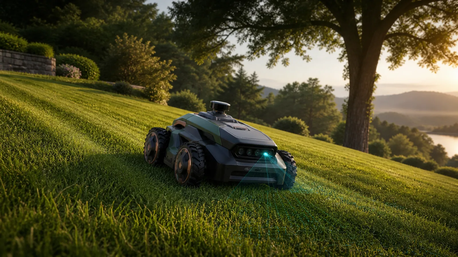 Editorial visualisation of Mammotion LUBA mini 2 AWD 1500; not an official manufacturer photograph.