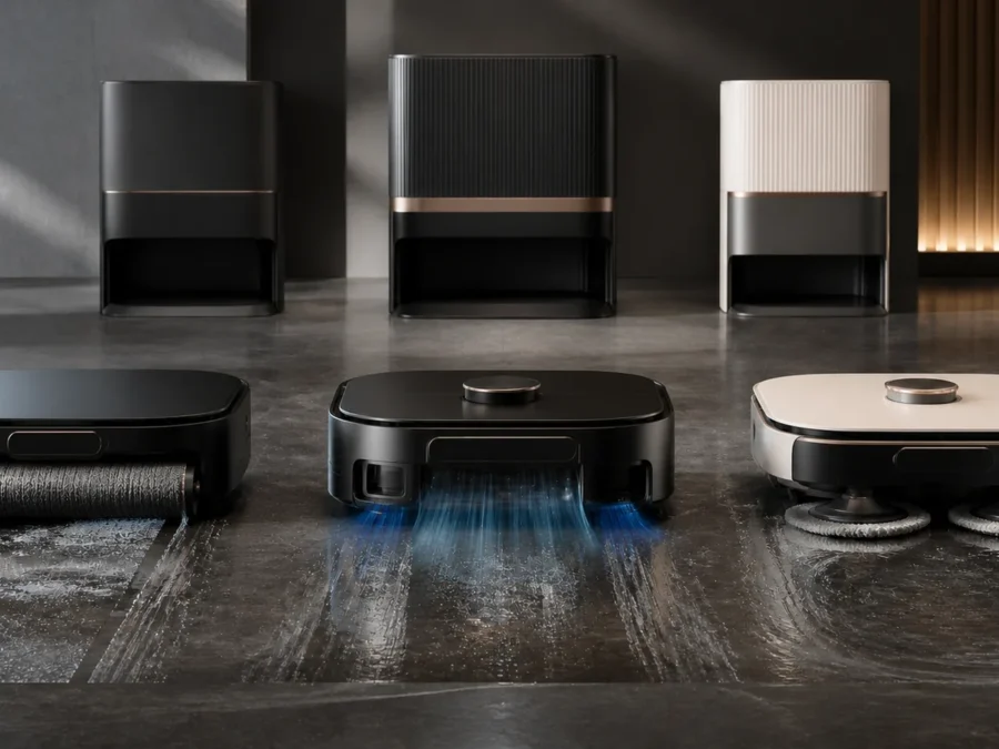 Wizualizacja redakcyjna RoboMorrow do materiału „Dreame Aqua10 vs ECOVACS X9 vs Narwal Z10 Ultra”; bez logotypów i tekstu.