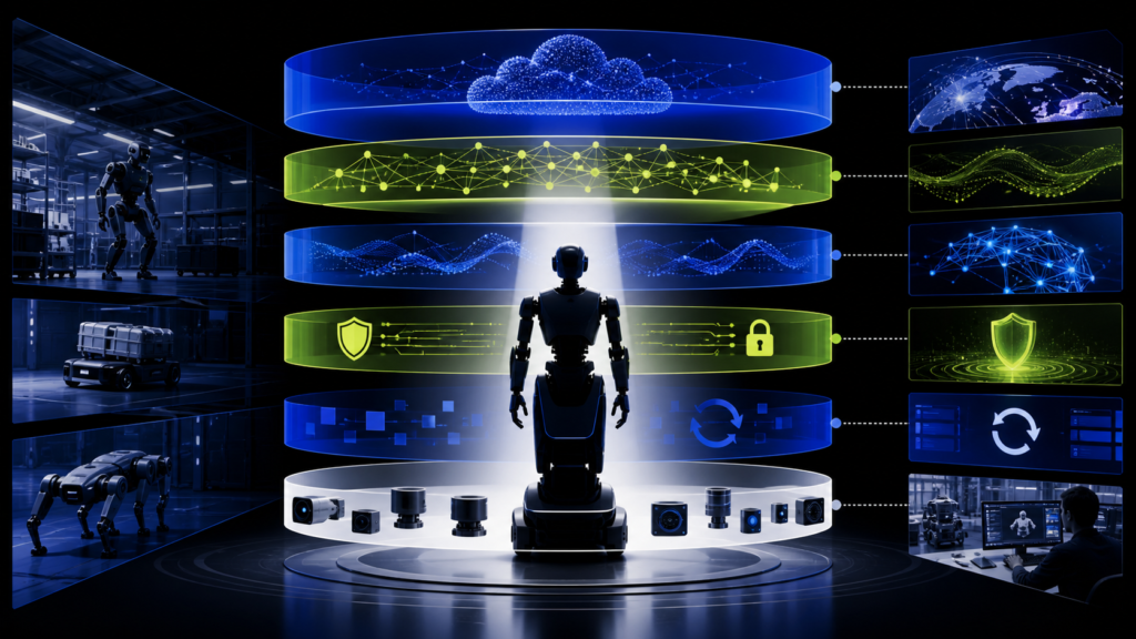 Editorial illustration of the robotics stack from hardware to cloud operations