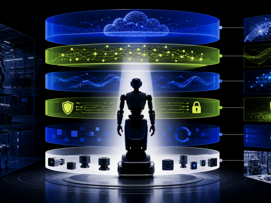 Editorial illustration of the robotics stack from hardware to cloud operations