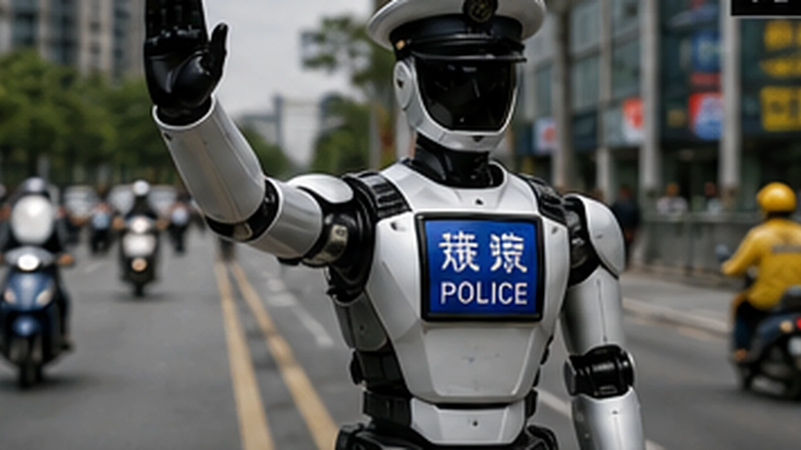 Editorial visualization of a traffic-service robot operating in an urban environment.