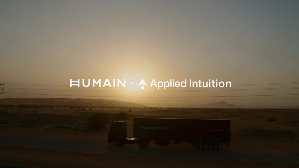 Official HUMAIN and Applied Intuition visual showing a truck on a desert road in Saudi Arabia