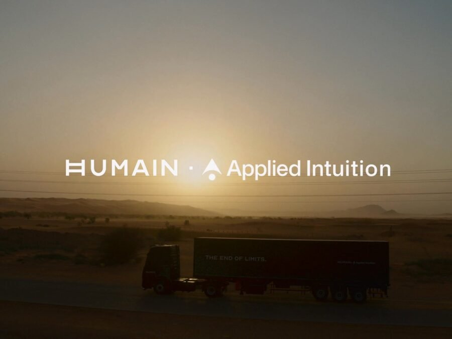 Official HUMAIN and Applied Intuition visual showing a truck on a desert road in Saudi Arabia