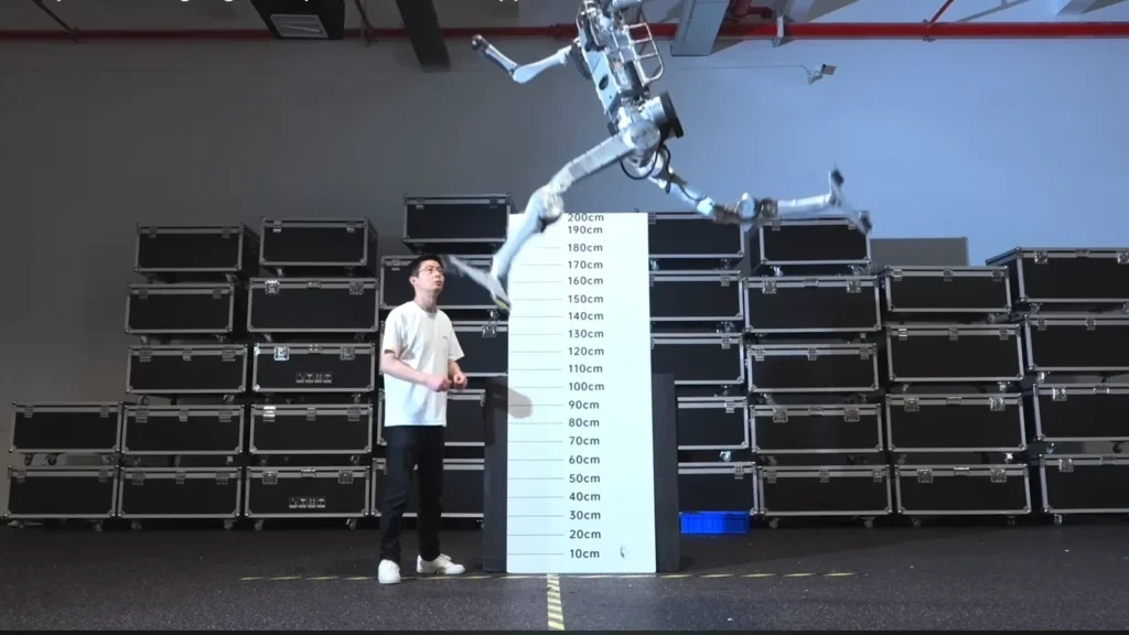 Unitree ‘Superman’ humanoid during the official two-metre standing-jump demonstration