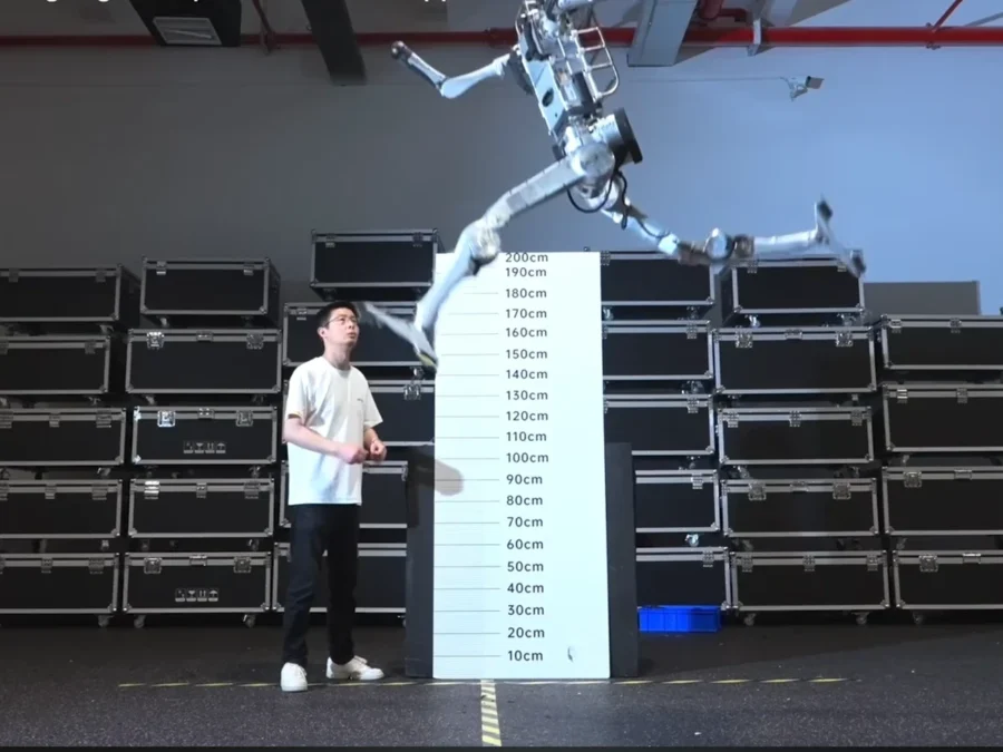 Unitree ‘Superman’ humanoid during the official two-metre standing-jump demonstration