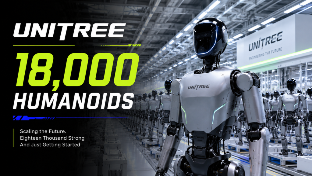 RoboMorrow editorial illustration: Unitree’s reported scale of about 18,000 bipedal humanoid robots produced