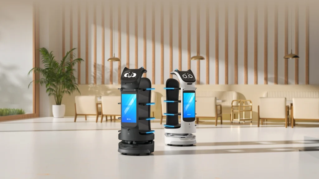Two PUDU BellaBot Pro robots in an official restaurant-environment visual
