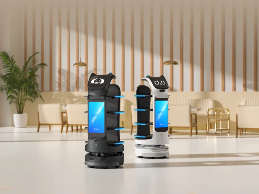 Dwa roboty PUDU BellaBot Pro w oficjalnej wizualizacji wnętrza restauracji