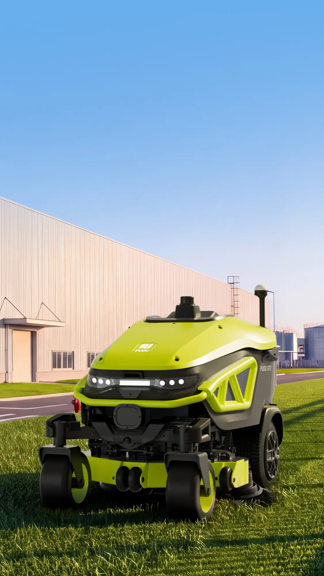 PUDU GT3 — official image of the commercial mowing and sweeping robot on turf