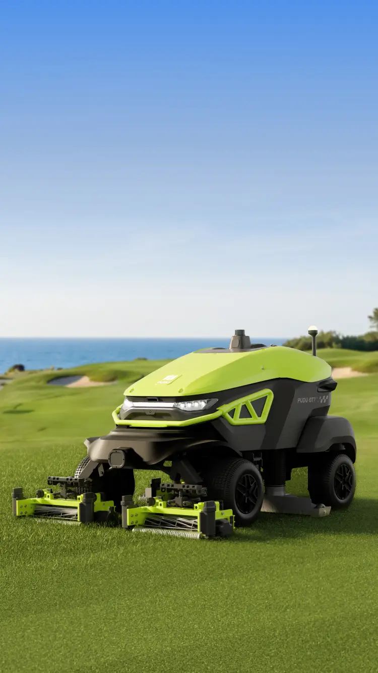 PUDU GT7 — official image of the robotic triplex reel mower on professional turf