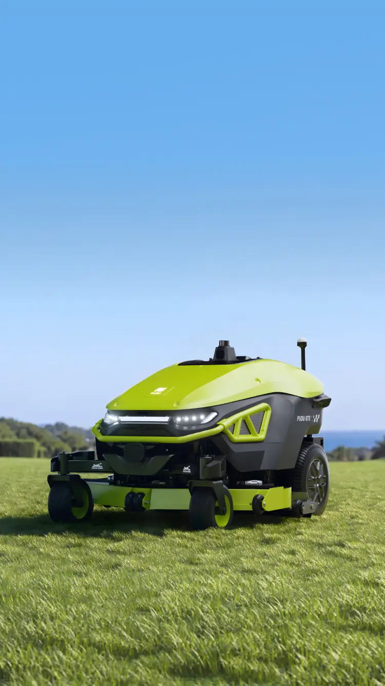 PUDU GT5 — official image of the 60-inch commercial robotic mower on large turf