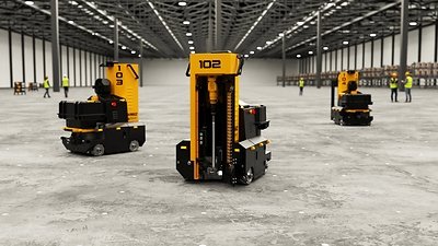 Fleet of DEWALT DALE autonomous concrete-drilling robots on a data-centre construction floor