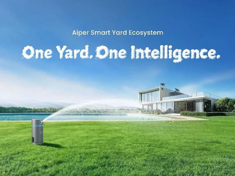 Aiper Smart Yard concept showing a garden, pool and outdoor automation devices, official material