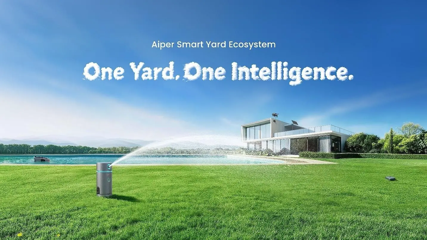 Aiper Smart Yard concept showing a garden, pool and outdoor automation devices, official material