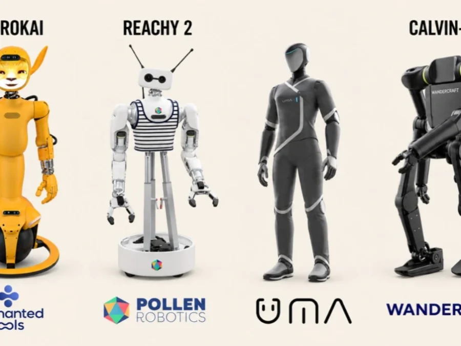 Comparison graphic of Mirokaï, Reachy 2, UMA Northstar design and Calvin-40; Northstar is shown as a visualisation.
