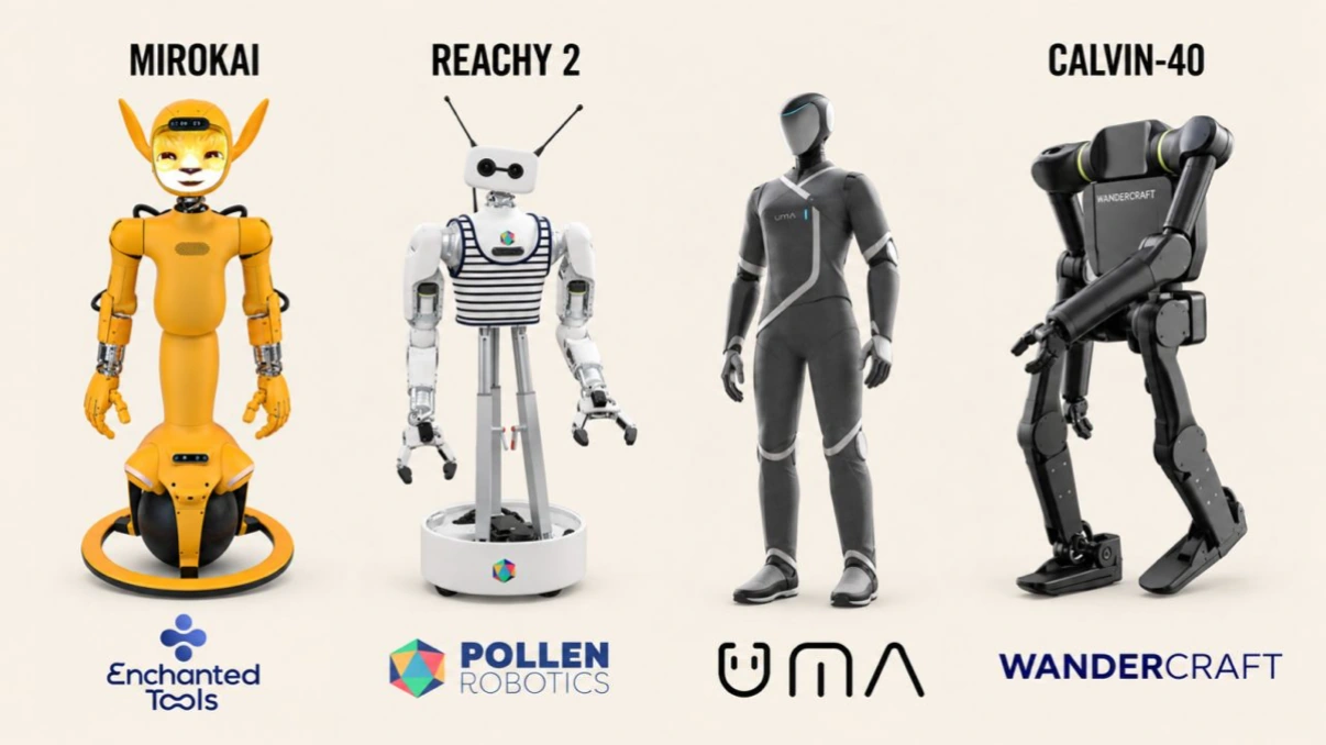 Comparison graphic of Mirokaï, Reachy 2, UMA Northstar design and Calvin-40; Northstar is shown as a visualisation.