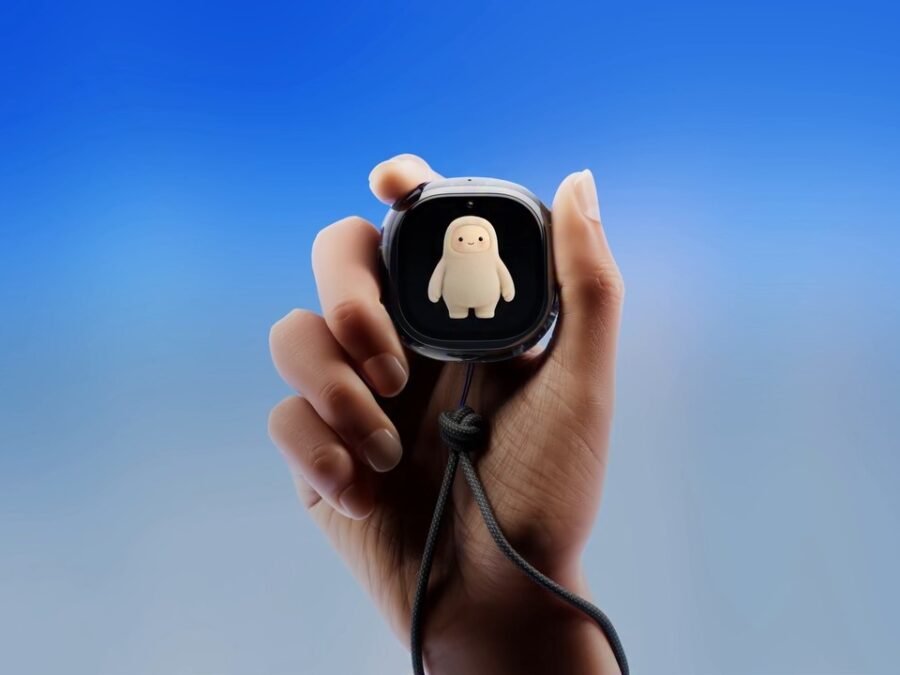 Meta Muse Charm showing the Muse avatar, held in a hand against a blue background