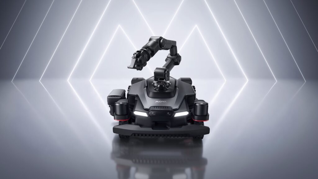 MOVA AstraX robot mower with an object-handling arm, official manufacturer visualization