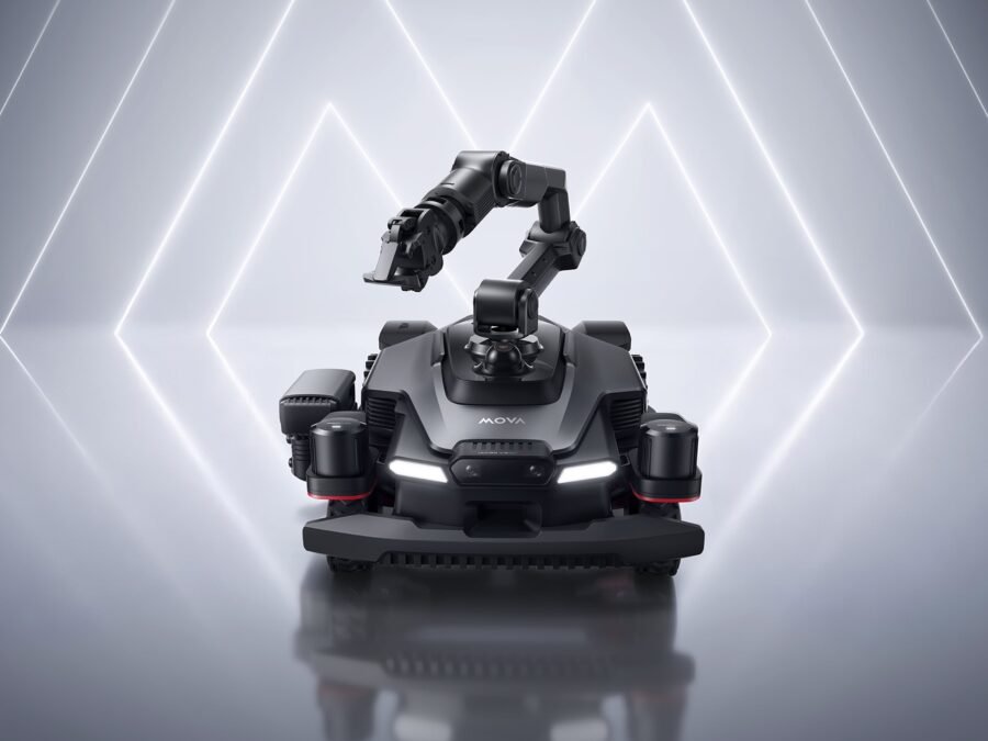 MOVA AstraX robot mower with an object-handling arm, official manufacturer visualization