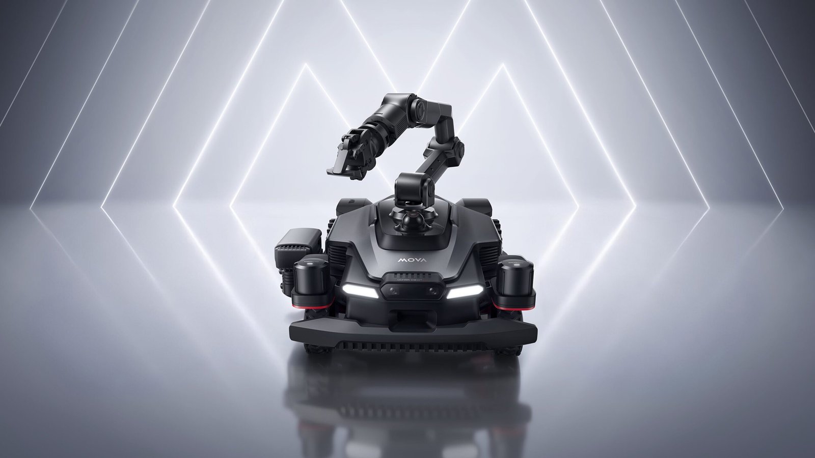 MOVA AstraX robot mower with an object-handling arm, official manufacturer visualization
