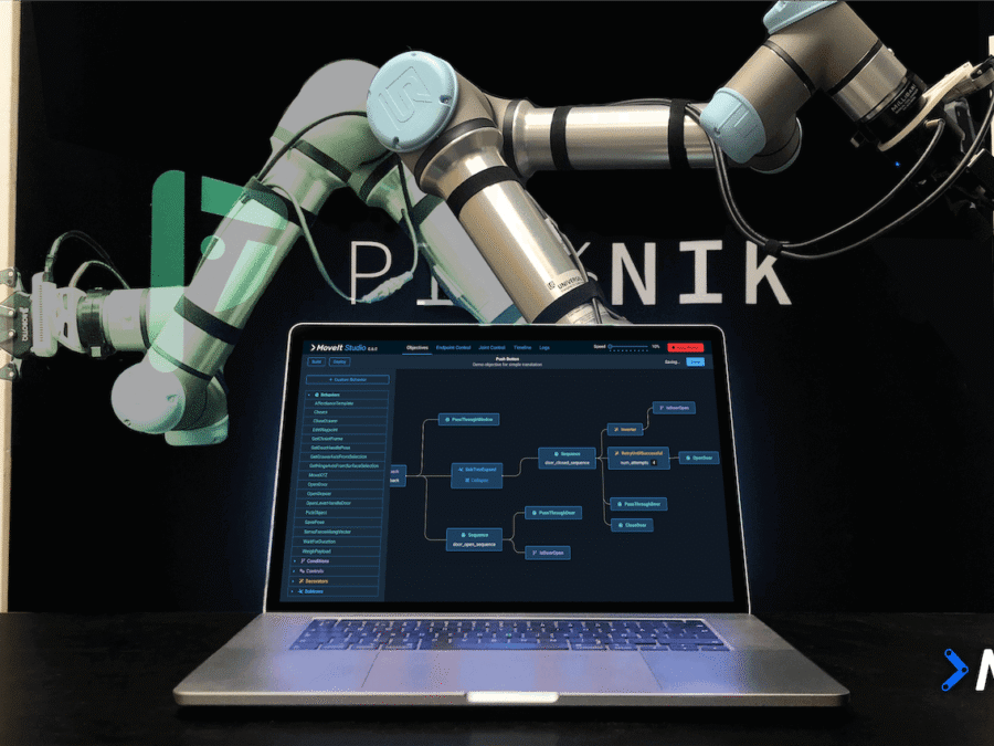 Robot manipulator and MoveIt Studio software in an official PickNik Robotics image