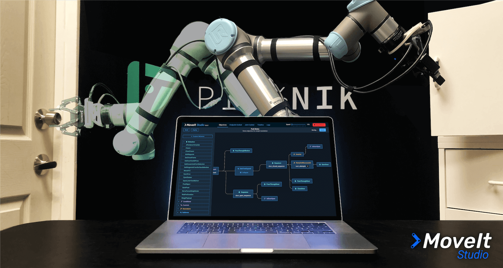 Robot manipulator and MoveIt Studio software in an official PickNik Robotics image