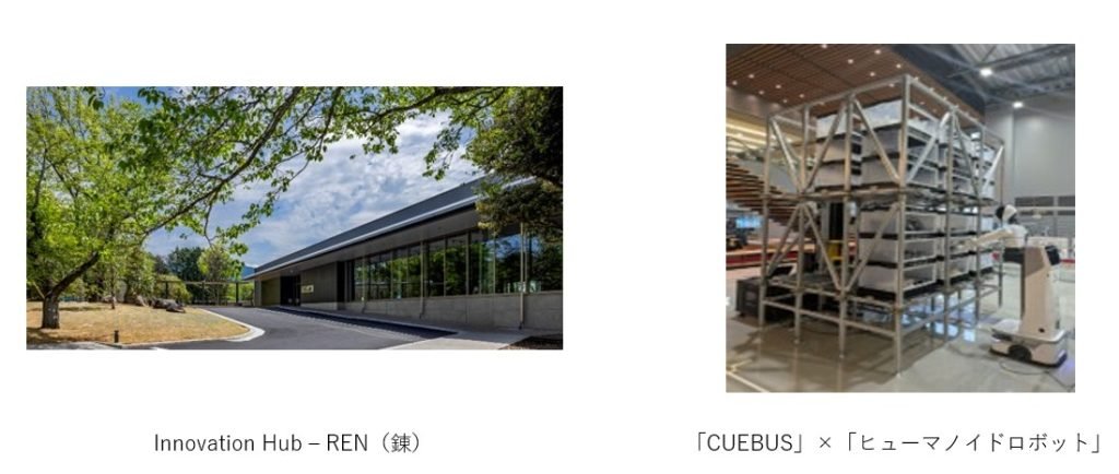 Budynek Innovation Hub REN i wnętrze systemu magazynowego na zestawieniu fotografii CUEBUS