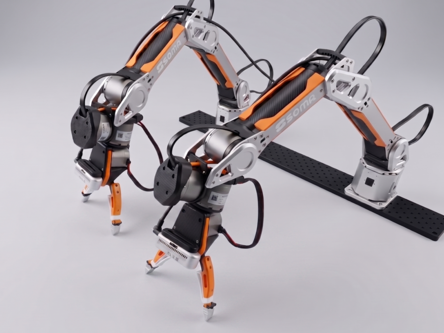 SOMA one desktop dual-arm robotics platform on a laboratory bench