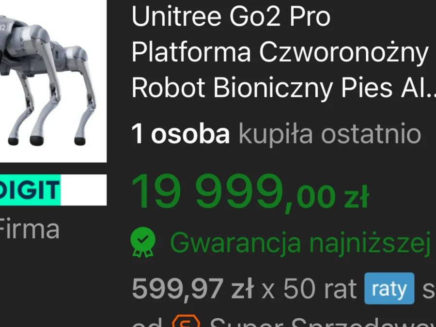 Unitree Go2 Pro listing on Allegro showing a PLN 19,999 price and a recent purchase