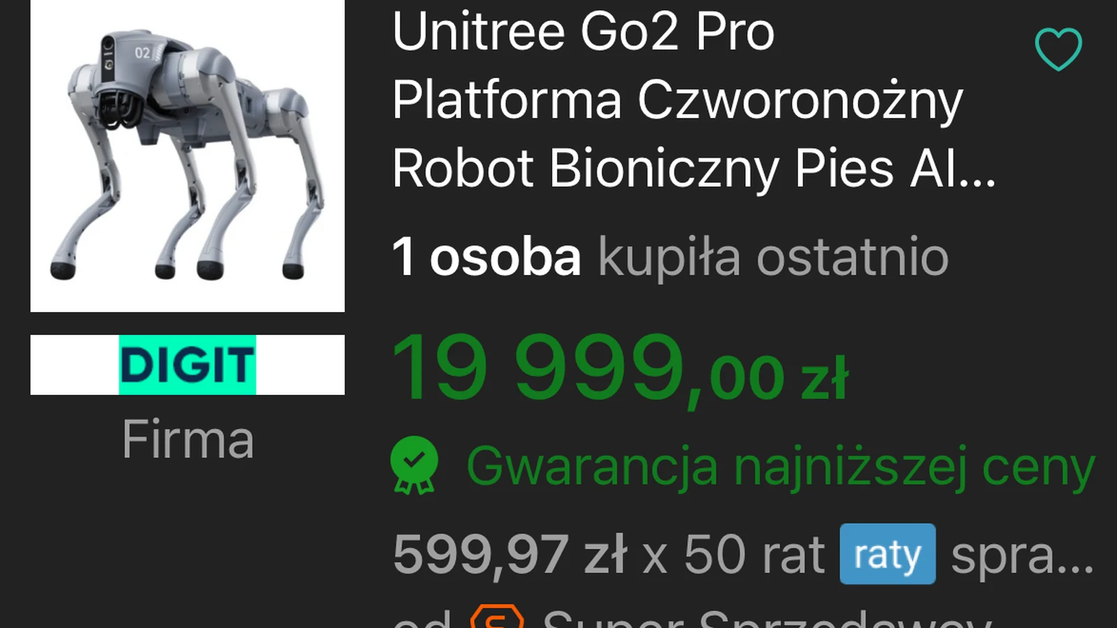 Unitree Go2 Pro listing on Allegro showing a PLN 19,999 price and a recent purchase