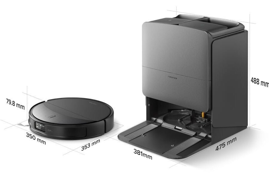 Official Roborock Saros 20 robot and dock dimensions graphic