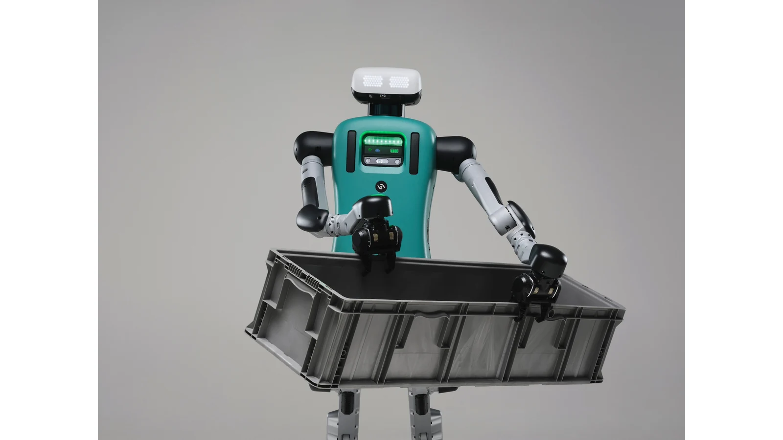 Digit z pojemnikiem na oficjalnym zdjęciu Agility Robotics; fotografia produktu, nie trwającego pilotażu AGCO.