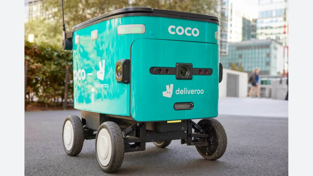 Coco delivery robot with Deliveroo branding — UK partnership press photograph